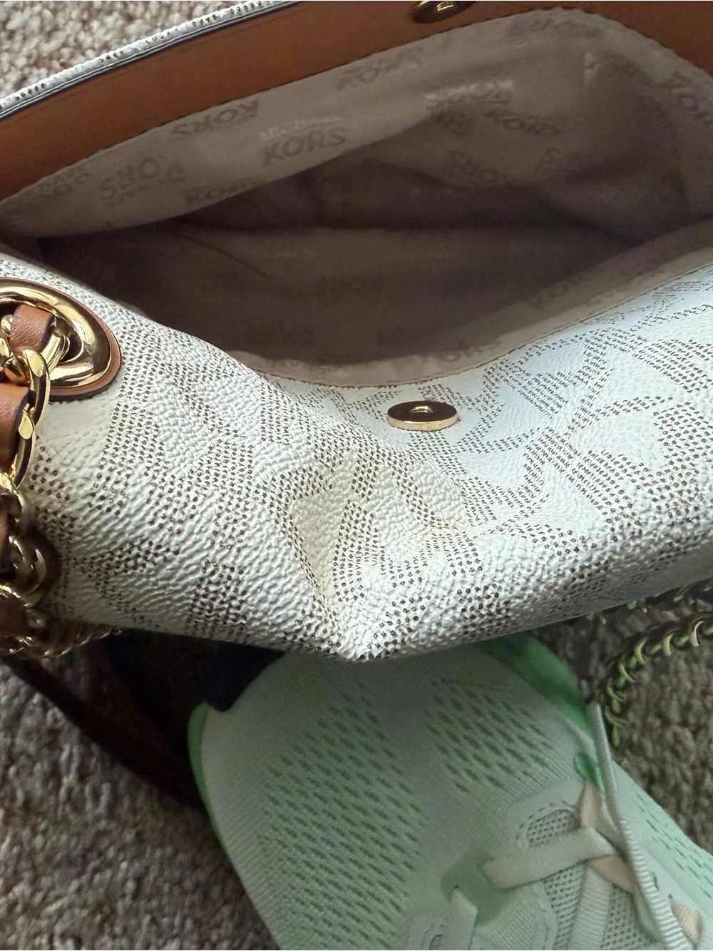 Michael Kors Ivory Signature MK Chain Shoulder Bag with Tan Trim